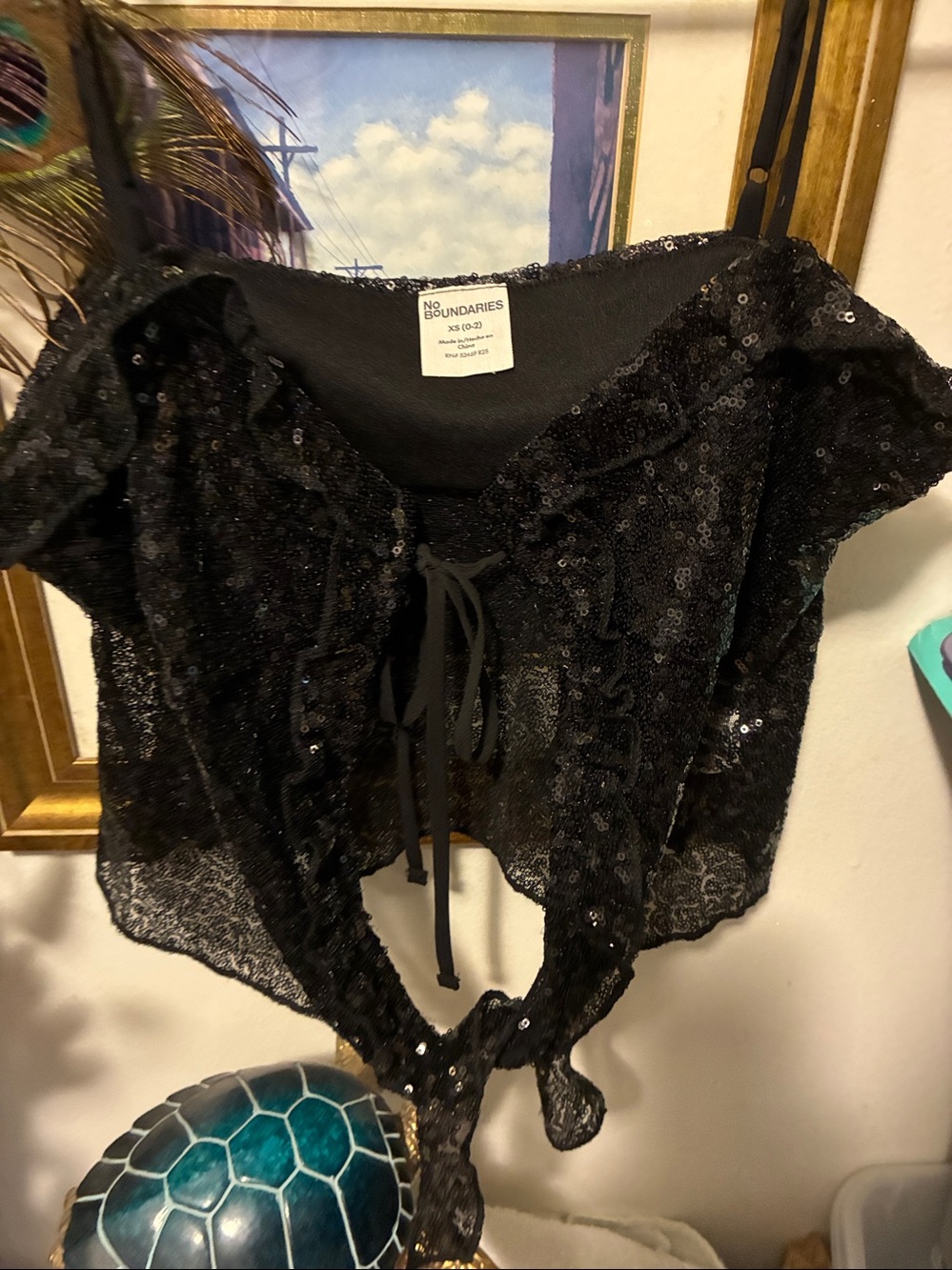 Vintage-Inspired Black Sequin Tie-Front Women's Top